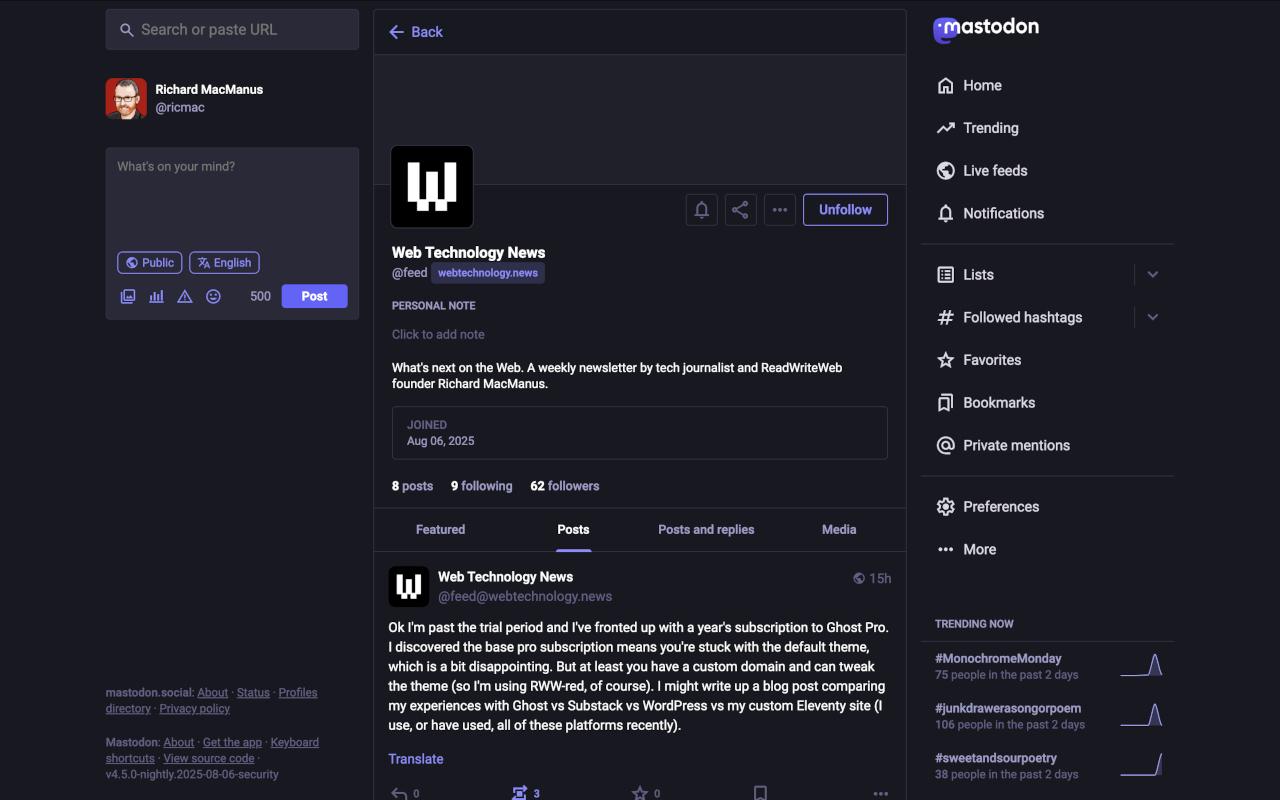 Ghost feed on Mastodon