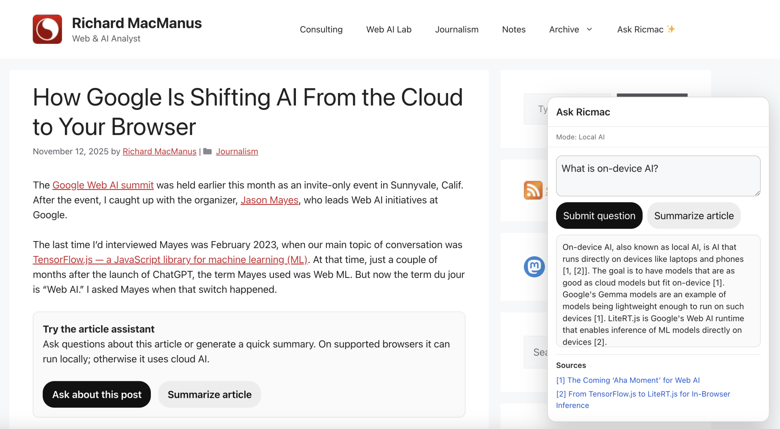 Article Assistant answers a question using local AI