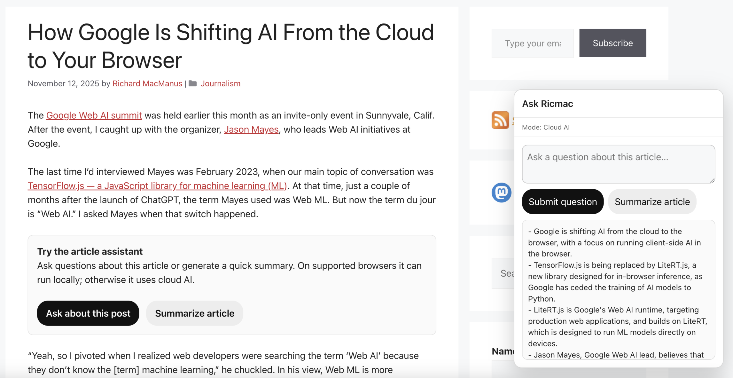 Article Assistant providing a summary of the post via cloud AI